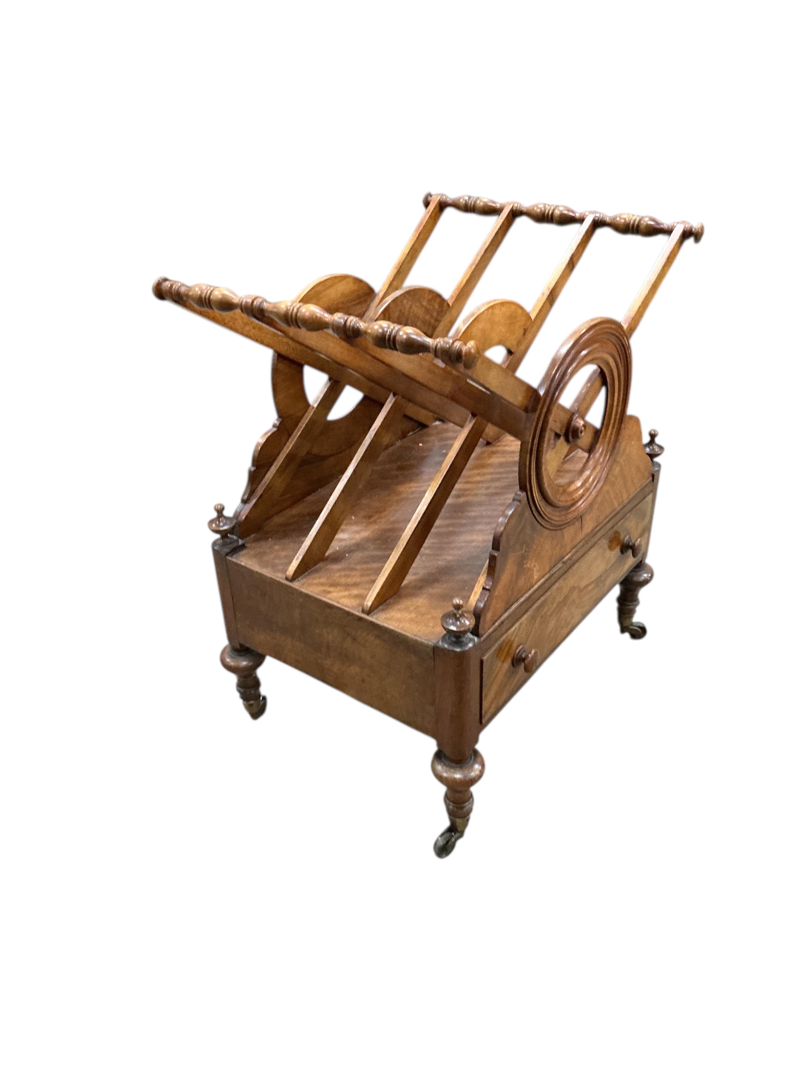 An early Victorian walnut three division Canterbury, width 54cm, depth 40cm, height 83cm